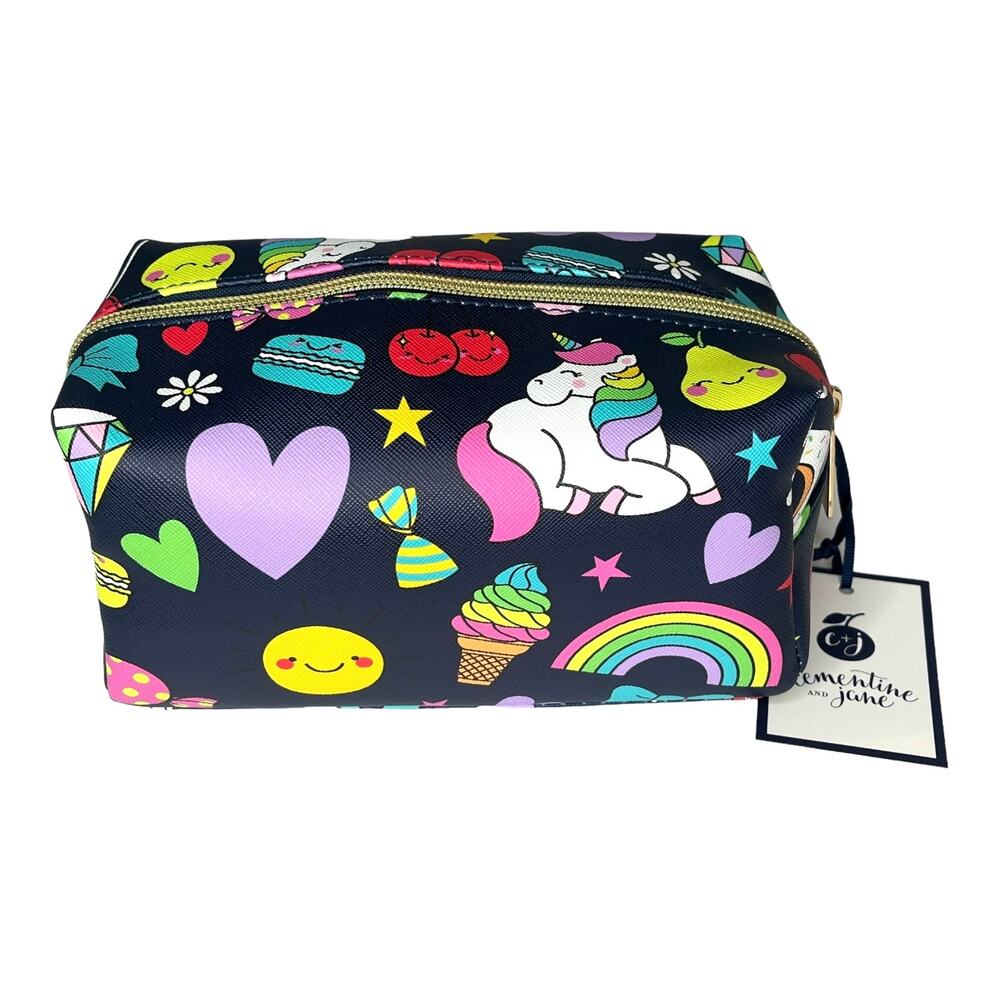 Clementine & Jane Cosmetic Bag Makeup Zip Travel Unicorn Rainbow Smiley Face New
